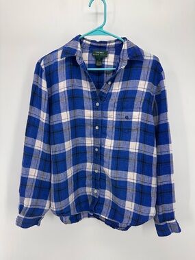 Lauren Ralph Lauren Blue Plaid Button-Up Linen Shirt Size Large
